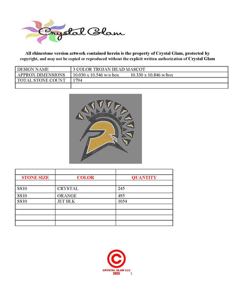 TROJAN HEAD 3-COLOR MASCOT Rhinestone Download File